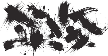 Dynamic black and white ink splatter composition with abstract brushstrokes white