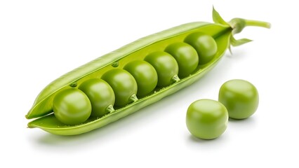 Freshly harvested green peas nestled in a curved pod, featuring soft shadows and an isolated white setting for branding.