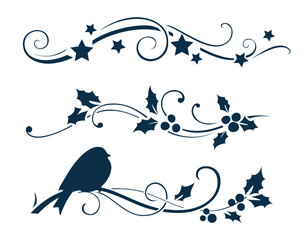 Decorative set of Christmas or New Year divider with holly berry twigs and star. Calligraphic tattoo and frame design elements. Vector stock illustration © Gizele