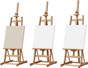 Wooden artist easels with blank canvases set isolated on white background, painting and art studio equipment vector illustration