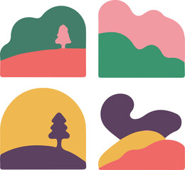 Vector Tree Design Featuring a Tranquil Evening River Flowing Beside Gentle Hills Under Soft Sunset Light with Branches and Leaves Reflected in Water, Editable Scalable Vector Art for Creative Project