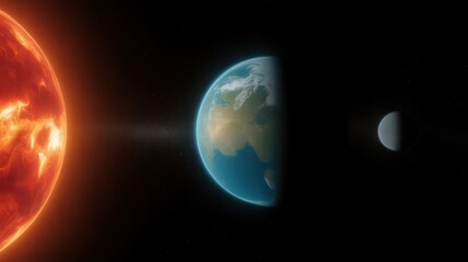 Bright sun shining on half-lit Earth with moon in space background light