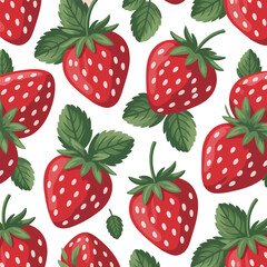 A delightful vector of fresh, ripe strawberries with vibrant green leaves, forming a charming seamless pattern perfect for summer designs and textile prints, celebrating natural sweetness and joy