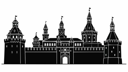 Magnificent Medieval Castle Silhouette with Towers and Flags. © Purnama