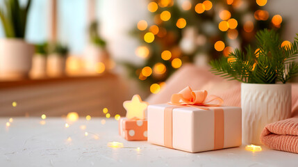 Christmas and new year background gift boxes and stars near tree