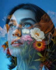 Woman with flowers and blue sky overlay on her face in artistic composition