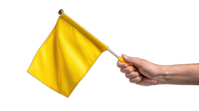 referee holding yellow penalty flag on white background