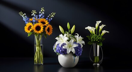 Assortment of colorful flower bouquets in glass vases against a dark background