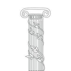 Black and white line art illustration of a classical column entwined with ivy leaves. Elegant antique architecture motif combining nature and history, ideal for prints, decor, coloring pages and desig
