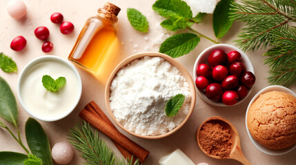 Christmas food ingredients for cooking christmas baking and kitchen utensils top