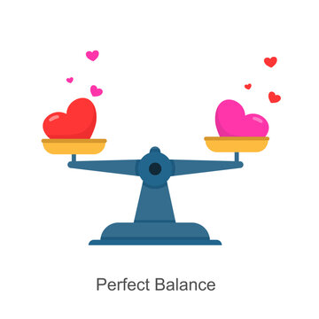 A flat, balanced scale with heart icons on both sides. Balance