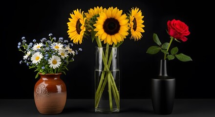 Arrangement of sunflowers daisies and rose blossoms on black background
