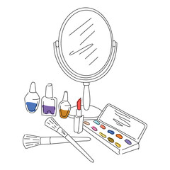 Makeup vanity line art illustration with mirror, lipstick, brushes, nail polish and eyeshadow palette. Minimal black outline with small color accents, beauty and cosmetics concept.