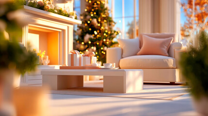 Christmas home room gift box below tree with lights and fireplace