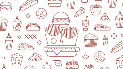 A stylish vector of a seamless pattern showcasing a delicious array of popular fast food and sweet treat line art, perfect for food-related designs