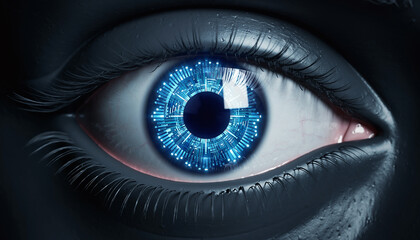 Closeup of a Bionic Human Eye with Glowing Blue Iris and Circuit Patterns