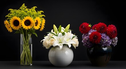 Arrangement of fresh cut flowers in vases against a dark background