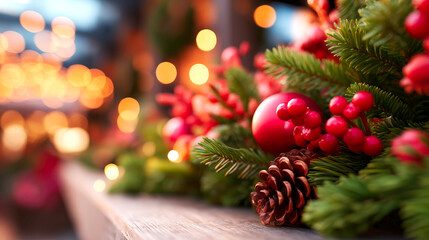 Christmas tree branches with baubles pinecones and red berries warm lights