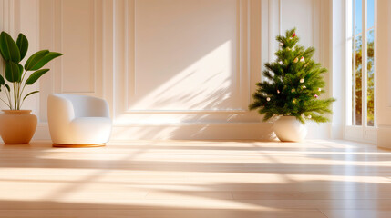 Christmas tree in minimalist room with copy space for holiday greetings
