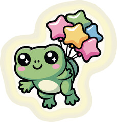 Obraz premium Cute little frog flying with colorful star balloons cartoon sticker illustration