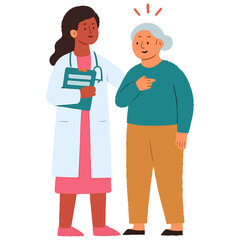 Caring Doctor Gives Good News to Happy Elderly Patient, Healthcare Illustration, Nurse take care patient
