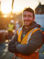 Smiling construction worker in safety vest standing confidently during sunset at a construction site