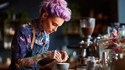 A Passionate Barista with Colorful Tattoos Perfects Her Craft in a Cozy Cafe Setting, Creating Art through Coffee, Stirring Flavors, and Embracing Creativity with Every Cup.
