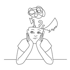 Black and white line art illustration of a person with open head and chaotic thoughts above. Conceptual image symbolizing confusion, overthinking, mental stress, and the search for clarity.