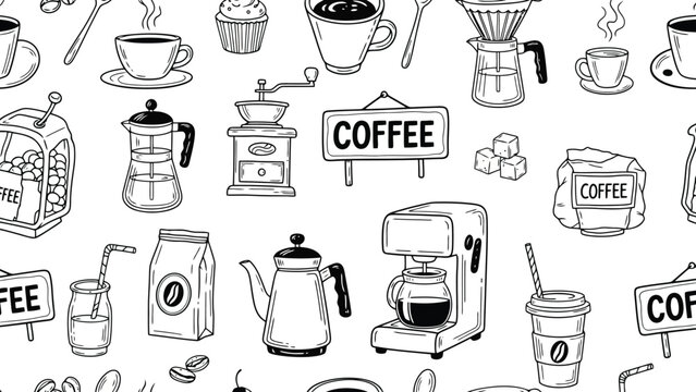 Seamless coffee-themed art pattern with various elements on a white background, perfect