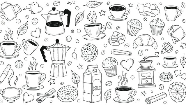 Delicious hand-drawn coffee and breakfast items on white background, perfect design elements