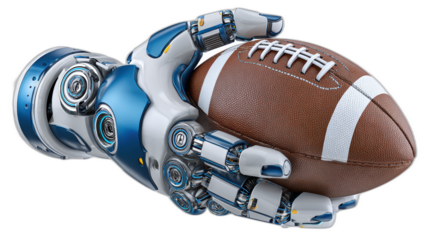futuristic robot hand holding football with transparent background