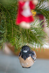 Spruce branches decorated with New Year and Christmas decorations