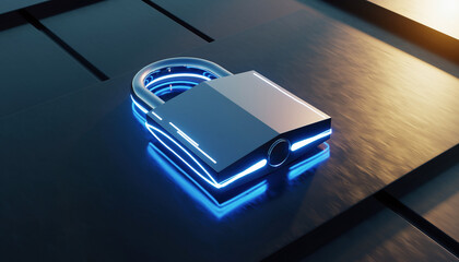 Down view of a futuristic glowing blue digital padlock on a sleek black metal surface
