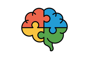 A vibrant vector of a human brain icon composed of colorful interlocking puzzle pieces, symbolizing complex thought, intelligence, and problem-solving abilities