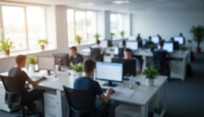 Workspace, bright modern office, blurred background, daytime, employees working, corporate lifestyle
