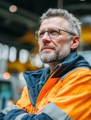 Thoughtful male construction worker in safety gear looking up with focus at industrial site