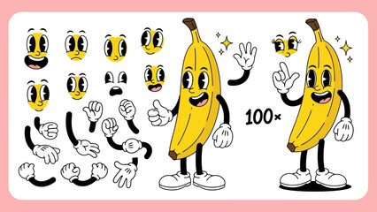 Cartoon banana character creation kit with various face expressions, poses, and hands for fun © Myanee