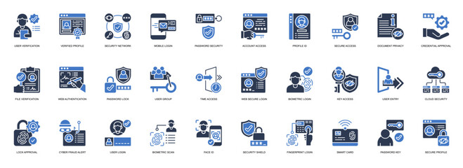 Authentication solid style icon set. Containing User Verification, Verified Profile, Security Network, Mobile Login, Password Security