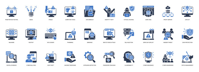Cyber Crime solid style icon set. Containing Penetration Testing, DDoS, Fraud, Computer Virus, Data Breach