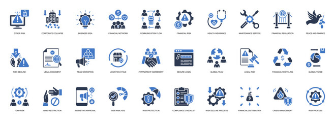 Fototapeta premium Crisis Management solid style icon set. Containing Cyber Risk, Corporate Collapse, Business Idea, Financial Network, Communication