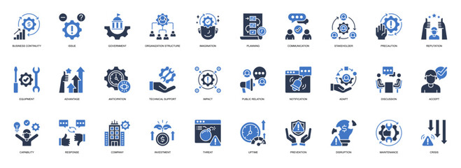 Fototapeta premium Business Continuity solid style icon set. Containing Business Continuity, Issue, Government, Organization Structure, Imagination, Planning