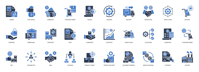 Procurement Management solid style icon set. Containing Tender, Cost Saving, Commodity, Purchase Order, Invoice, Process, Delivery, Negotiation