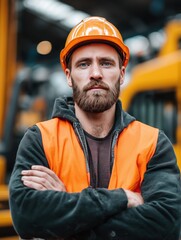 Confident male construction worker wearing orange helmet and vest stands with crossed arms