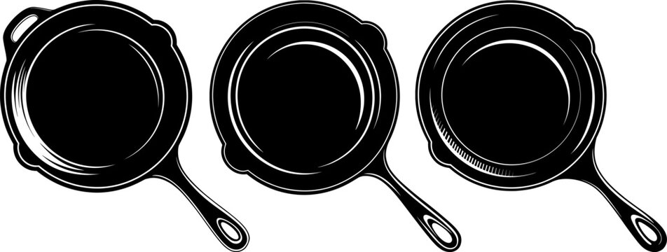 Three black cast iron skillets with handles on white background frying pan cooking