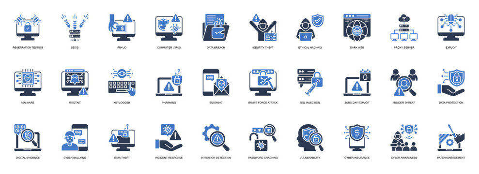 Cyber Crime solid style icon set. Containing Penetration Testing, DDoS, Fraud, Computer Virus, Data Breach