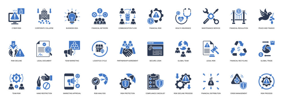 Crisis Management solid style icon set. Containing Cyber Risk, Corporate Collapse, Business Idea, Financial Network, Communication