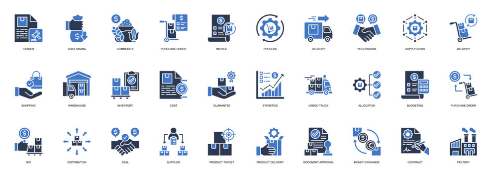Procurement Management solid style icon set. Containing Tender, Cost Saving, Commodity, Purchase Order, Invoice, Process, Delivery, Negotiation