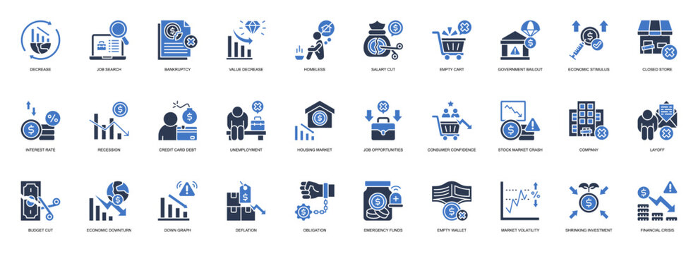 Recession solid style icon set. Containing Decrease, Job Search, Bankruptcy, Value Decrease, Homeless, Salary Cut