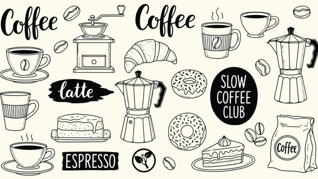 Coffee shop illustrations - Various coffee items, pastries, and graphic elements
