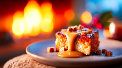 Warm bread pudding cozy fireplace glow caramel sauce indulgence detailed